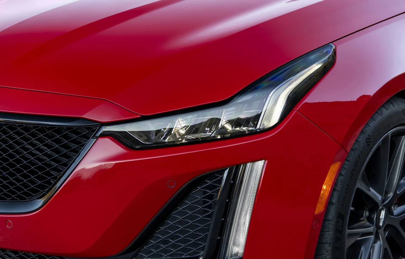 Photo wallpaper red, Cadillac, headlight, the hood, sedan, four-door, 2020, CT5-V
