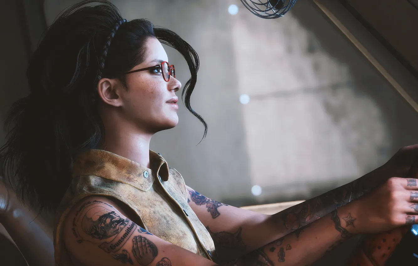 Photo wallpaper girl, the game, tattoo, the wheel, glasses, game, car, Nico
