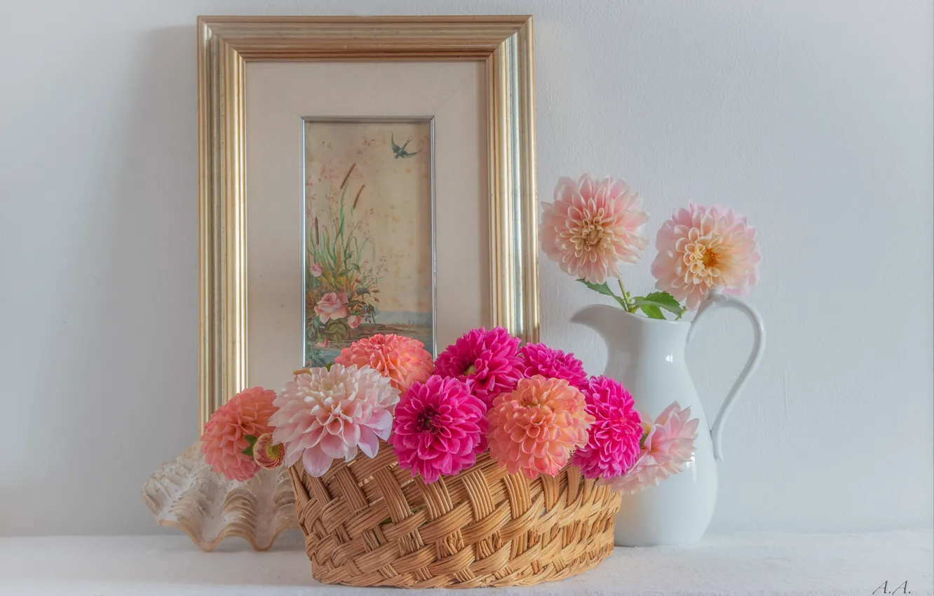 Photo wallpaper flowers, bouquet, picture, vase, dahlias