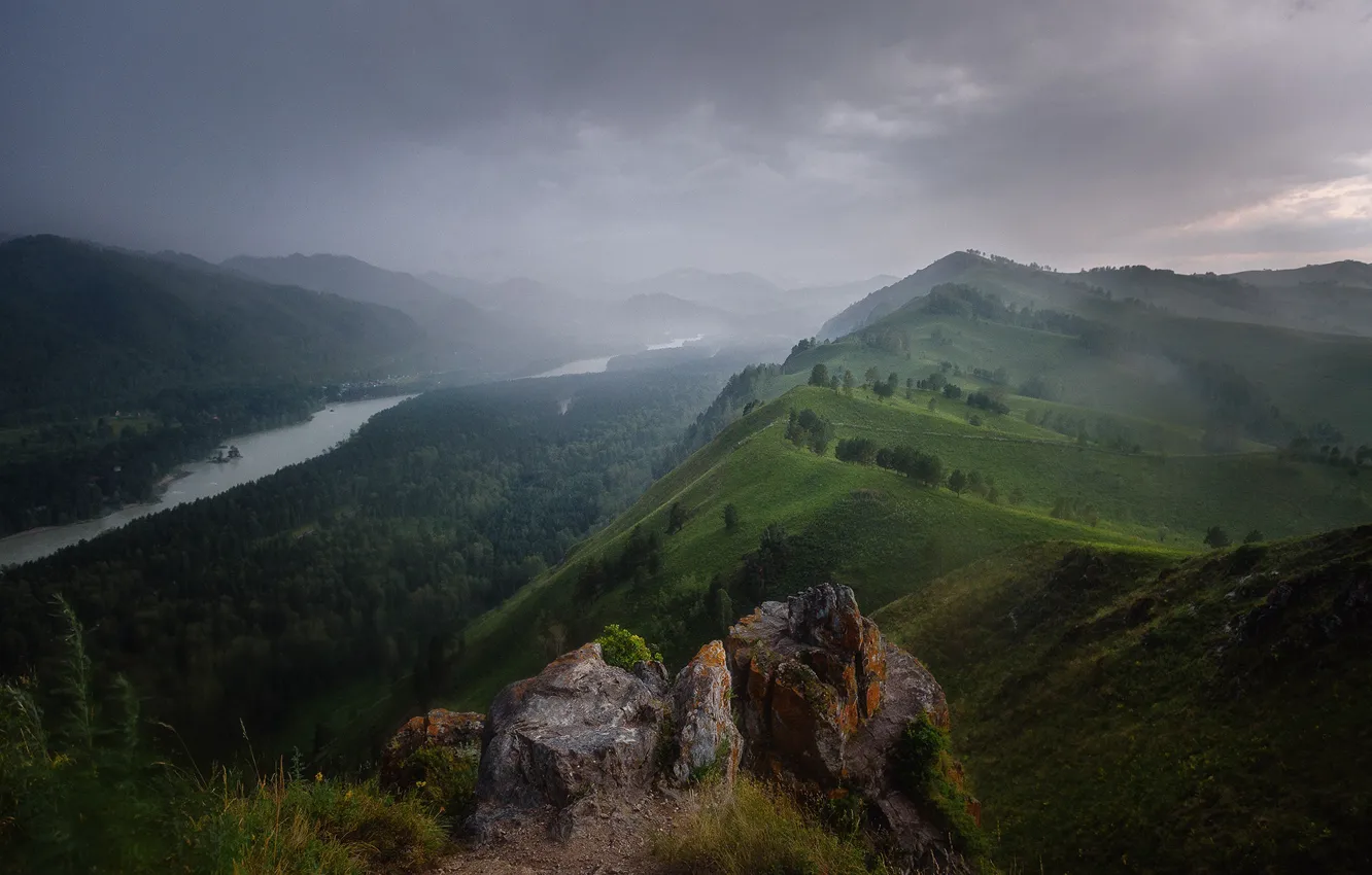 Photo wallpaper forest, mountains, fog, river, stones, overcast, hills, valley