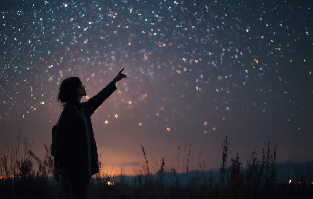 Photo wallpaper field, the sky, girl, stars, night, lights, lights, hands