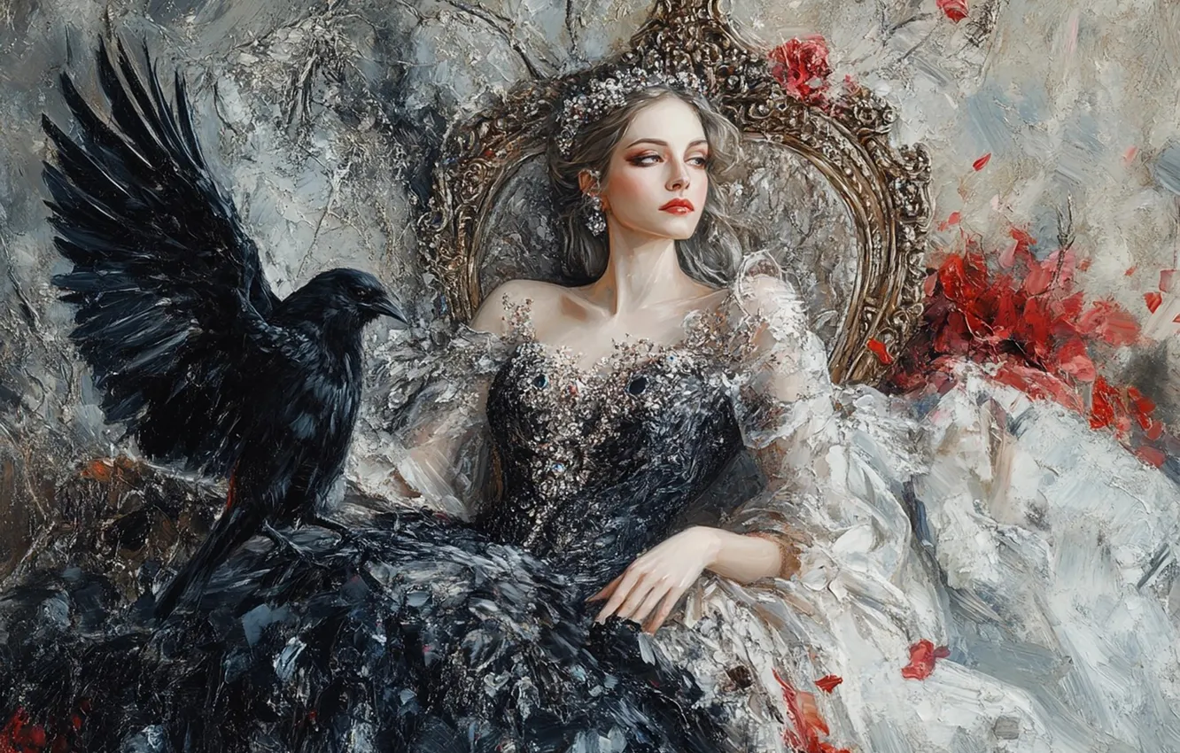 Photo wallpaper girl, bird, Princess, the throne, imitation painting, AI art, neural network