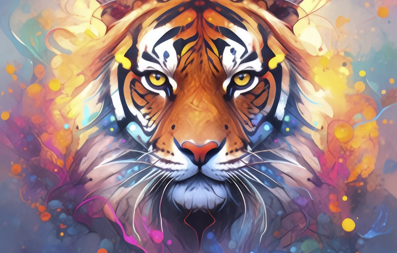Photo wallpaper look, nature, tiger, picture, watercolor, painting, imitation of watercolor, imitation painting