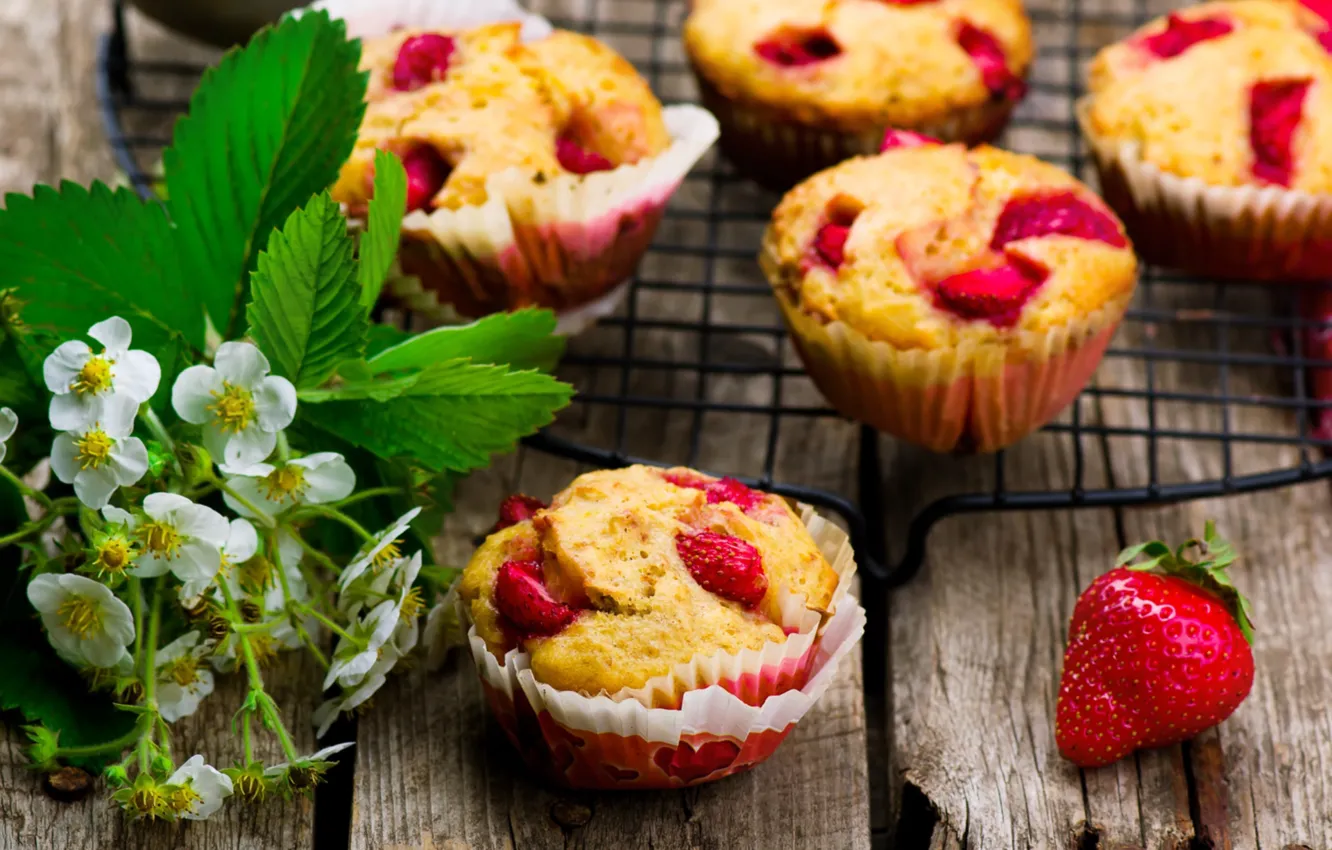Photo wallpaper strawberry, cakes, cupcakes, muffins
