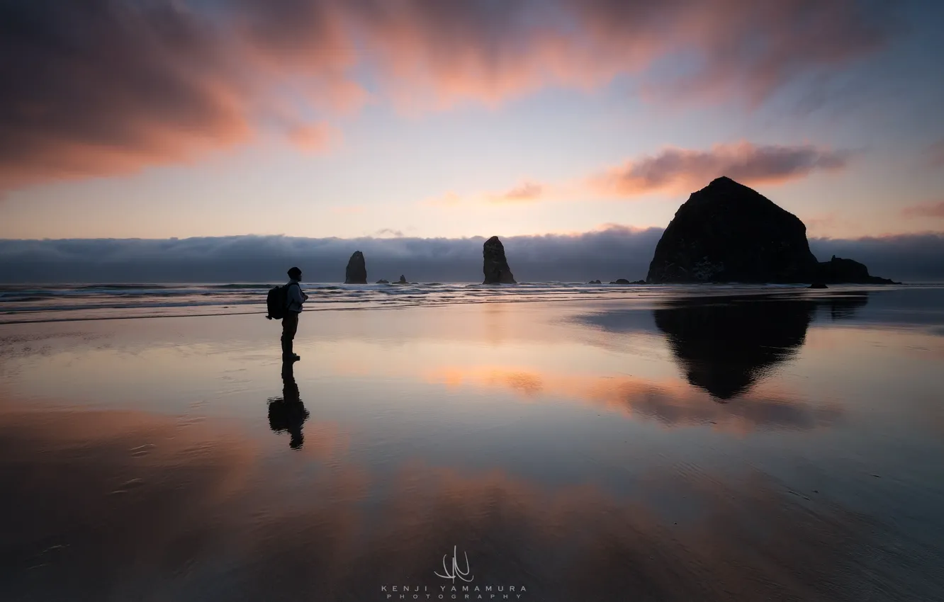 Photo wallpaper the sky, clouds, people, USA, Oregon, photographer, Haystack Rock, Cannon Beach