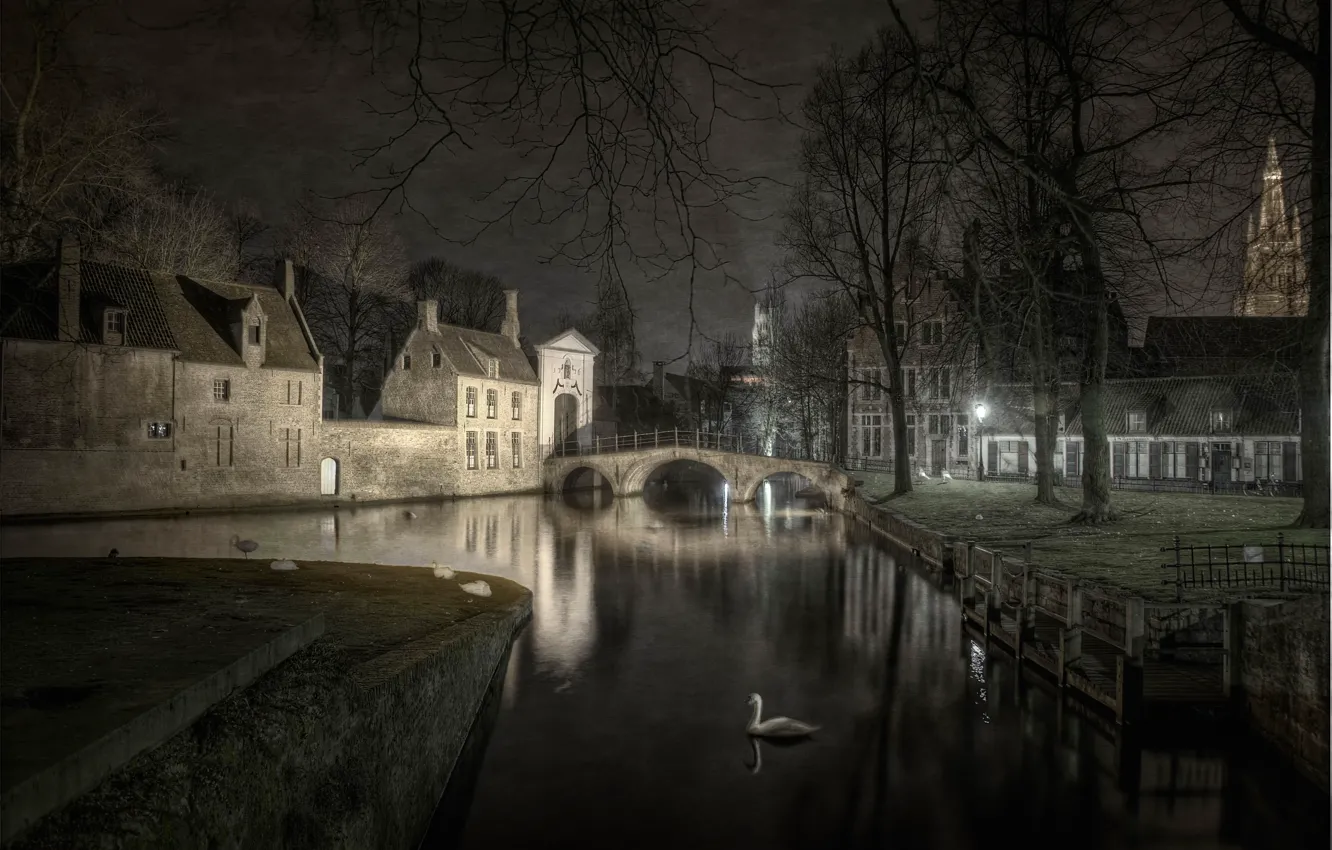 Photo wallpaper night, Belgium, Bruges, Love Lake