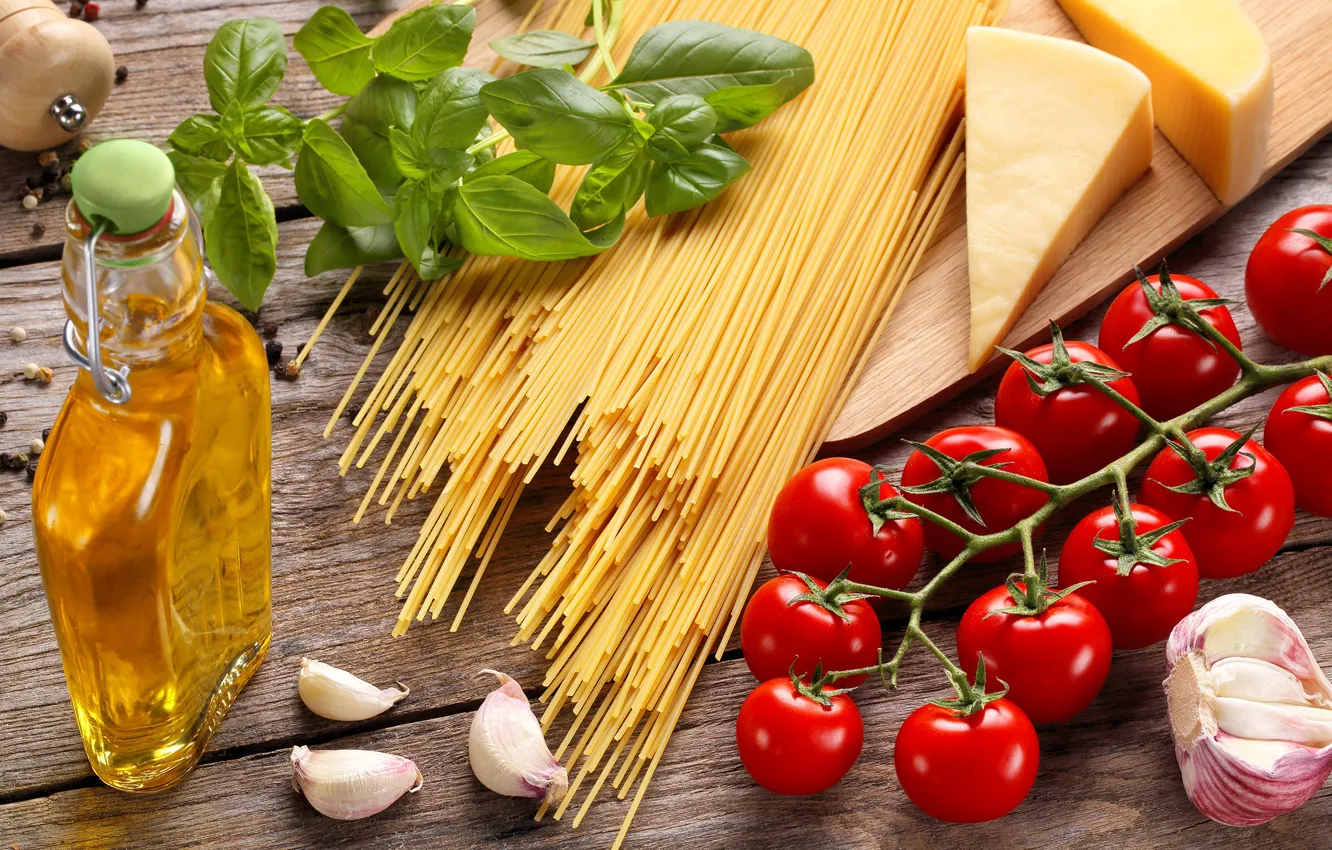 Photo wallpaper oil, cheese, tomatoes, pasta
