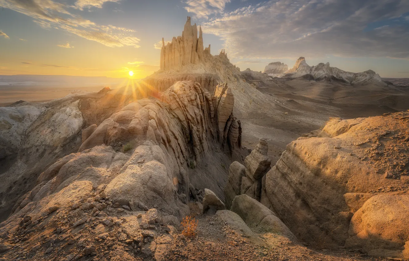 Photo wallpaper desert, sunset, mountains