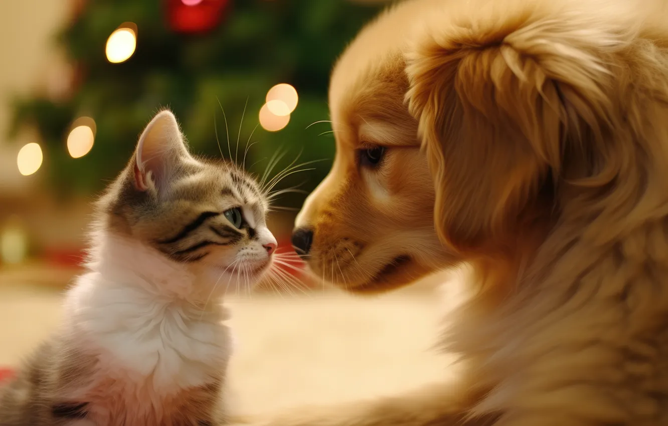 Photo wallpaper cat, look, light, lights, each, new year, dog, Christmas