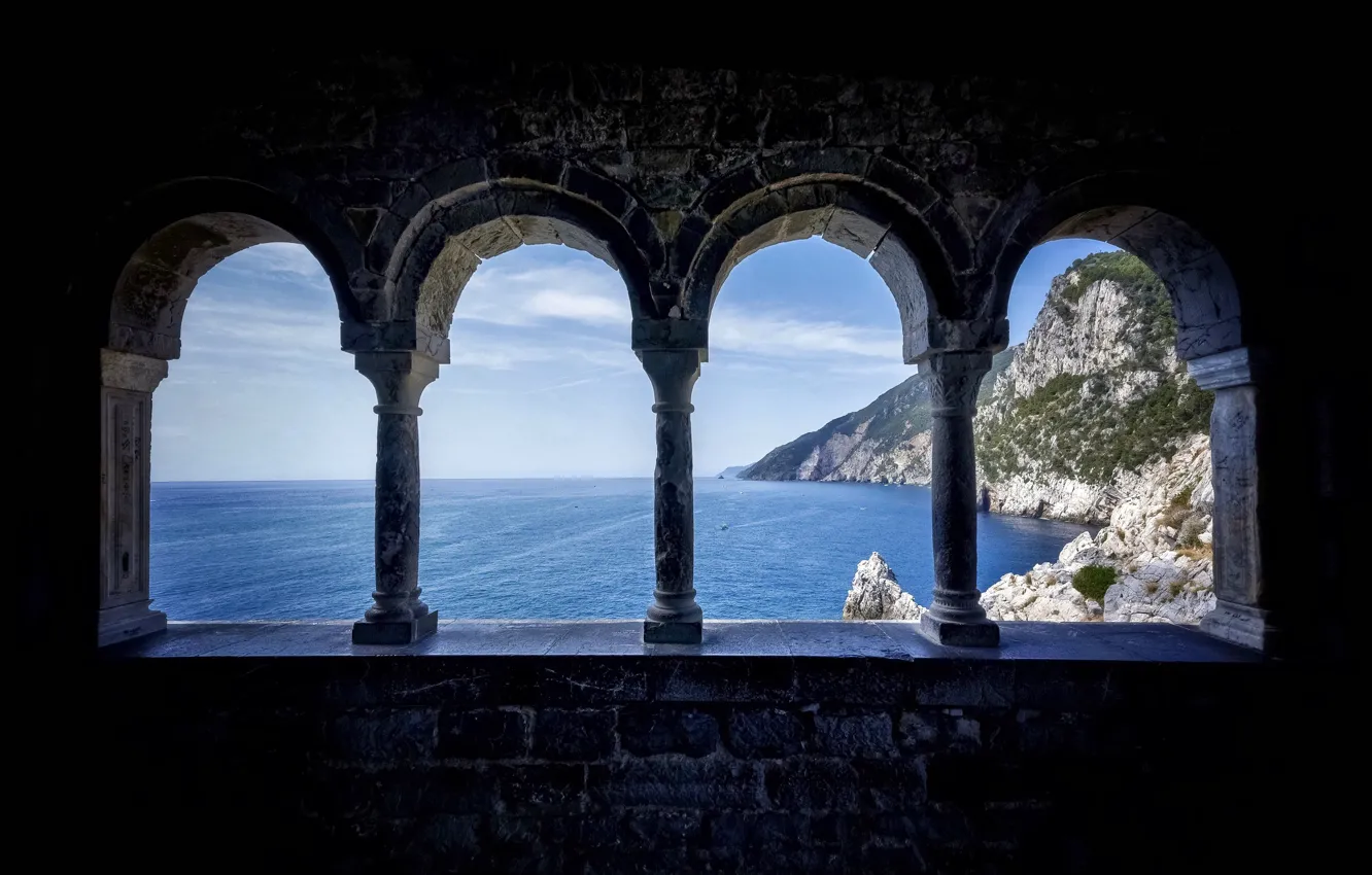 Photo wallpaper sea, mountains, window, arch