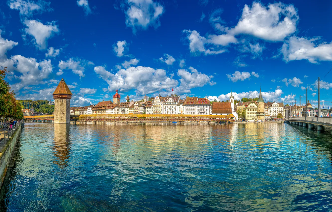 Photo wallpaper lake, tower, home, Switzerland, panorama, promenade, Luzern