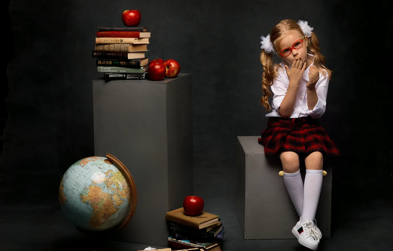Photo wallpaper apples, books, sneakers, skirt, glasses, girl, blouse, schoolgirl