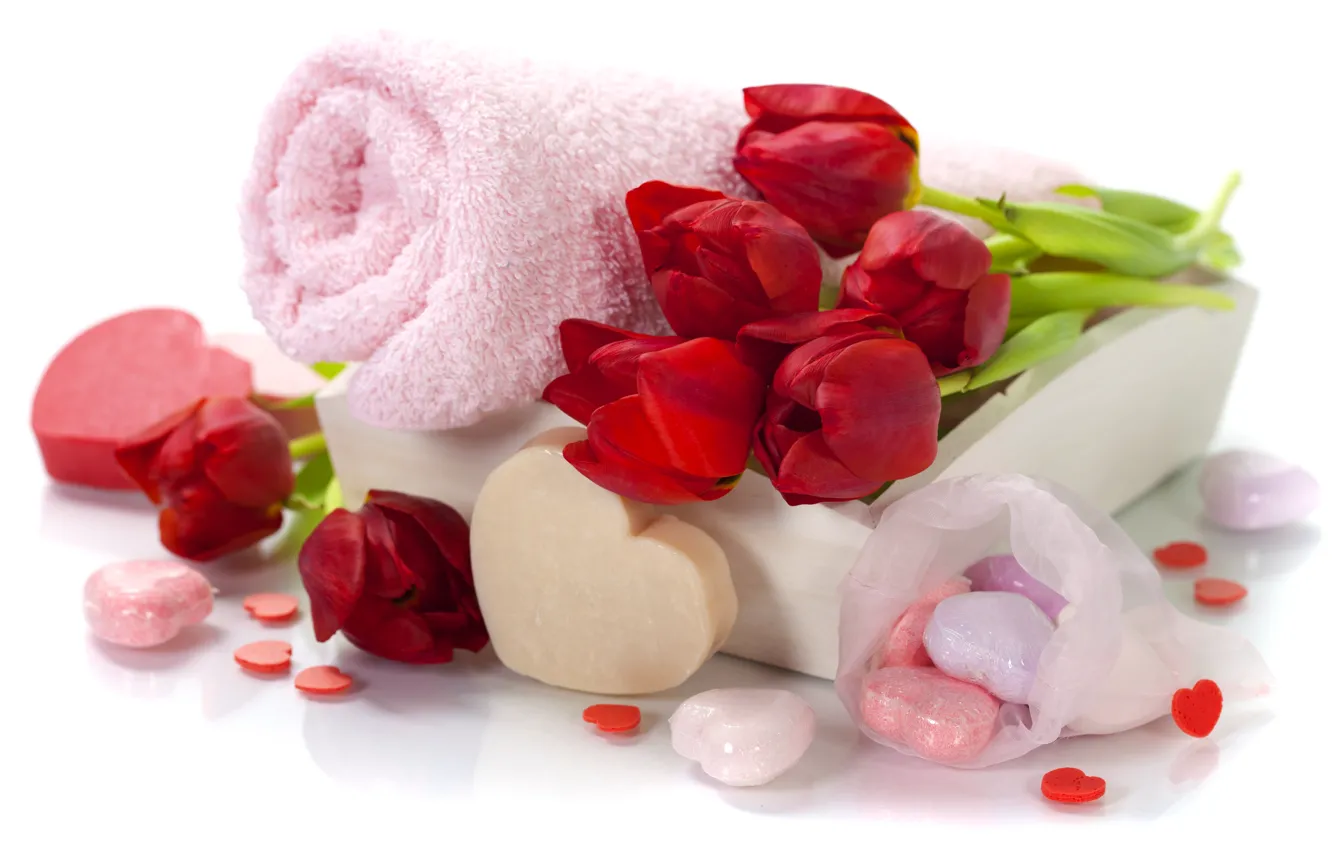 Photo wallpaper roses, towel, bouquet, soap, red, Spa