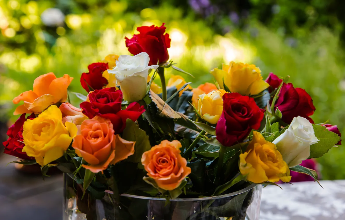 Photo wallpaper flowers, roses, bouquet, bucket