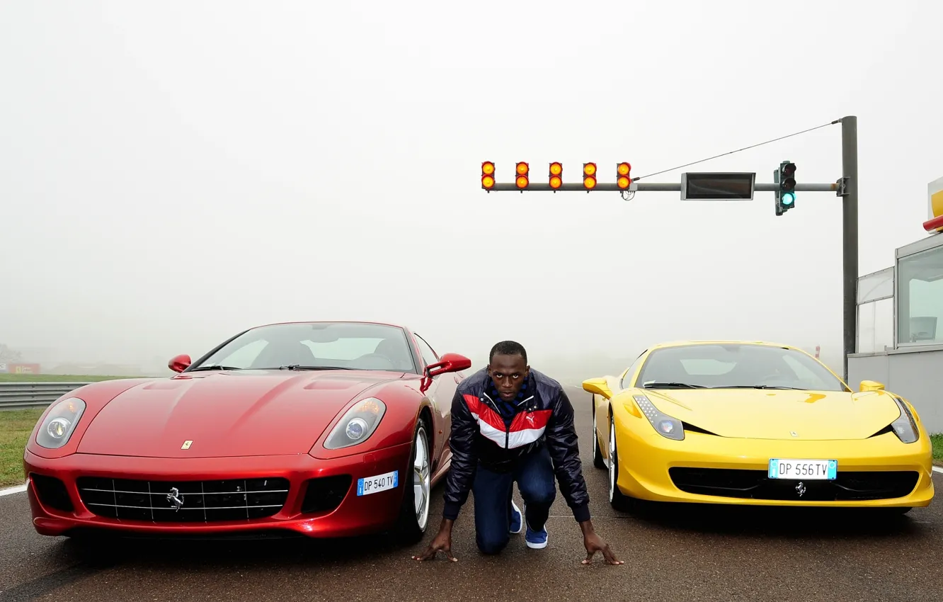 Photo wallpaper yellow, red, background, Ferrari, athlete, Ferrari, male, Fiorano