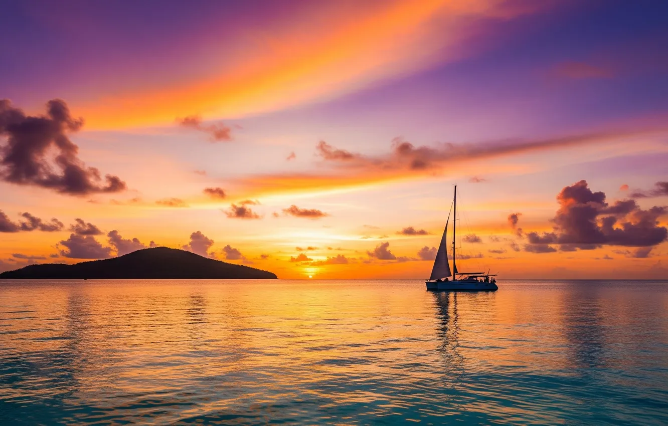 Photo wallpaper the sky, clouds, sunset, the ocean, Wallpaper, sailboat, art, wallpaper