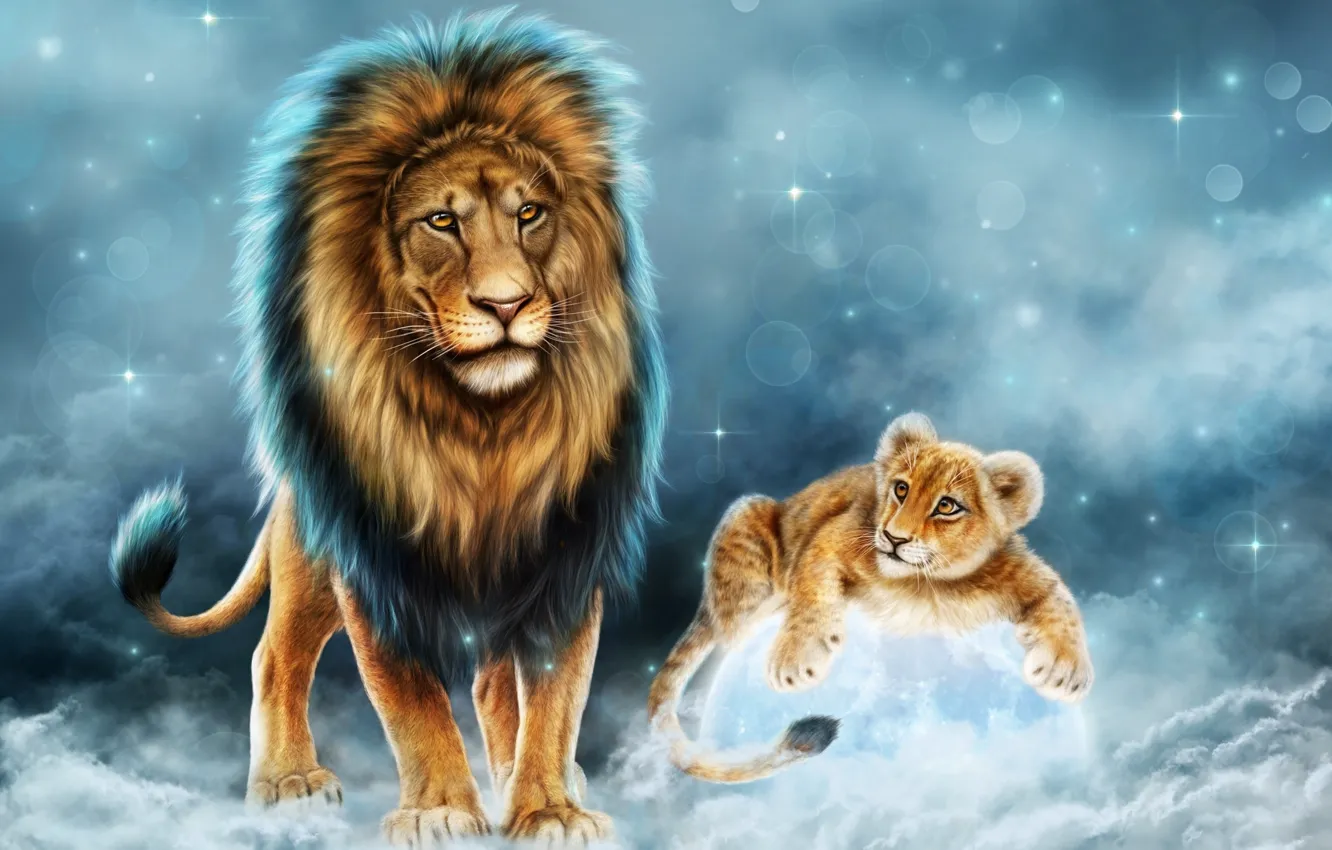Photo wallpaper animals, predator, Leo, king, father, lion, son
