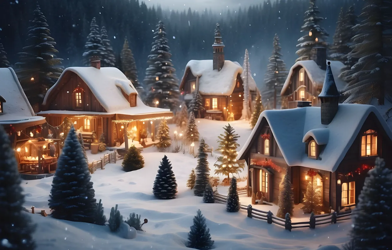 Photo wallpaper winter, snow, night, lights, tree, New Year, village, Christmas