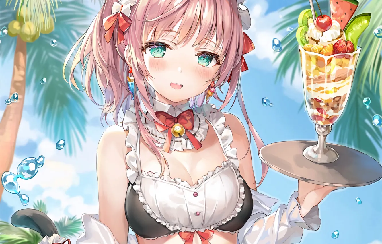 Photo wallpaper girl, sexy, cleavage, pink hair, green eyes, long hair, boobs, animal ears