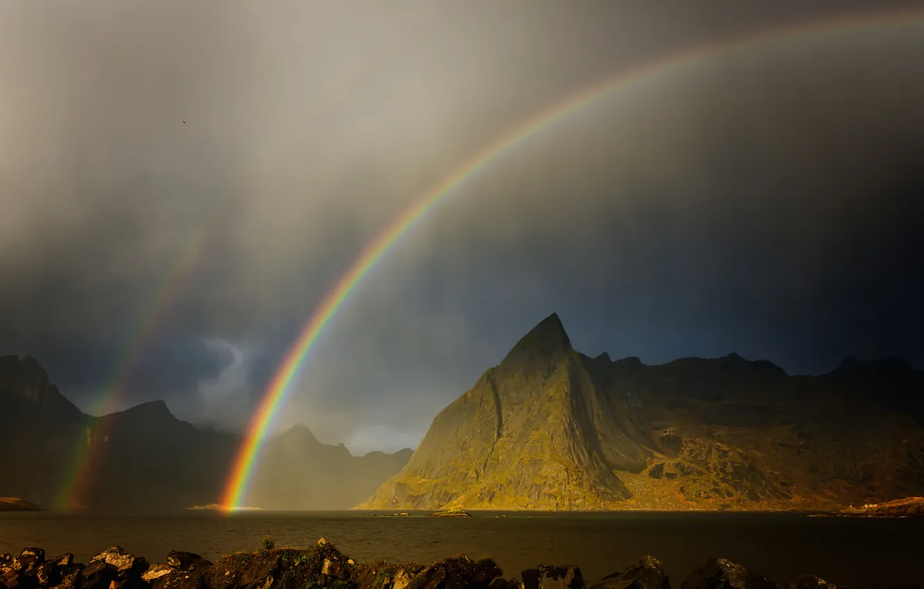 Photo wallpaper landscape, mountains, nature, rainbow, valley