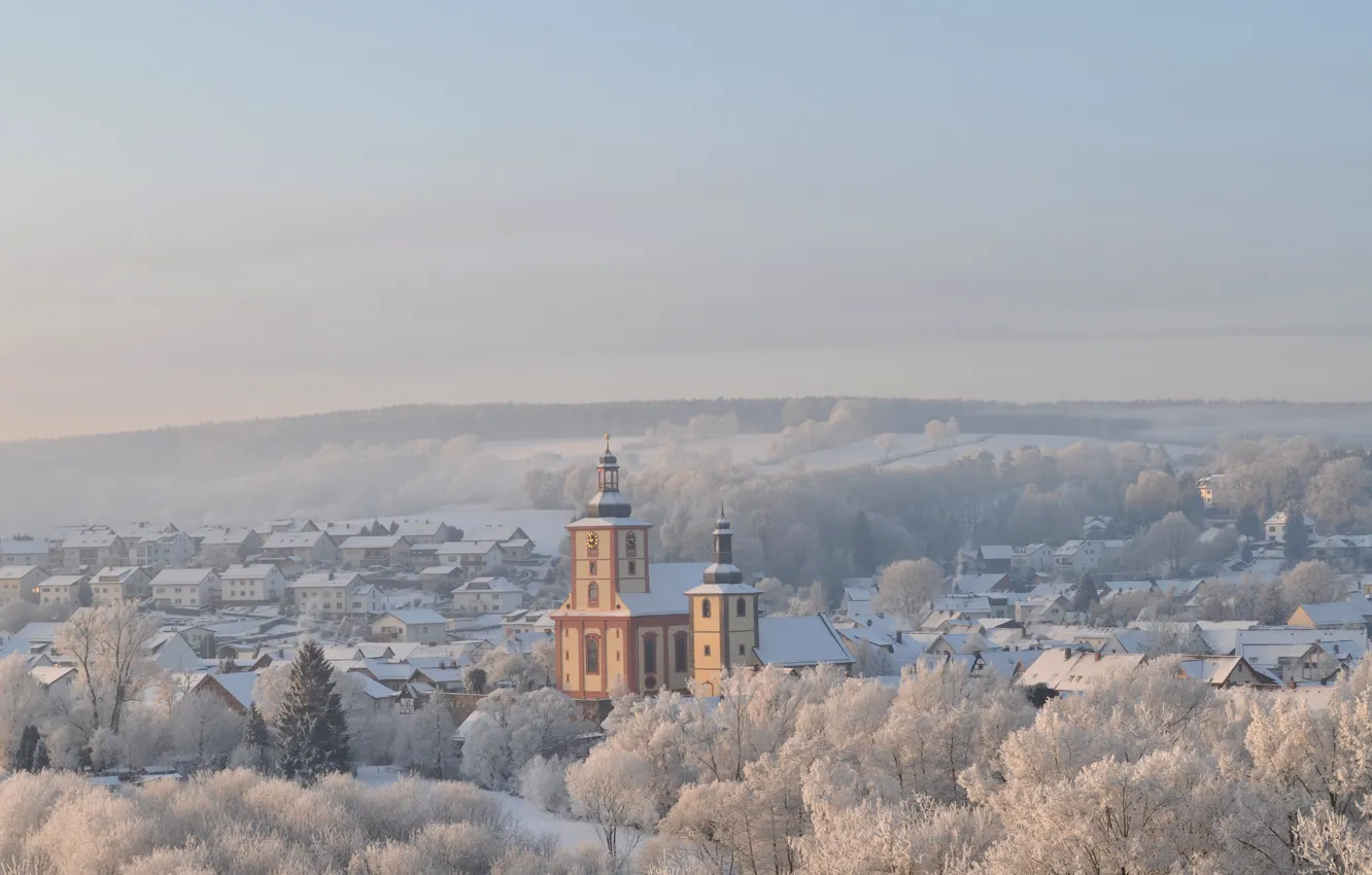 Photo wallpaper Germany, winter, Downtown, snow, morning, fog, hills, sunrise