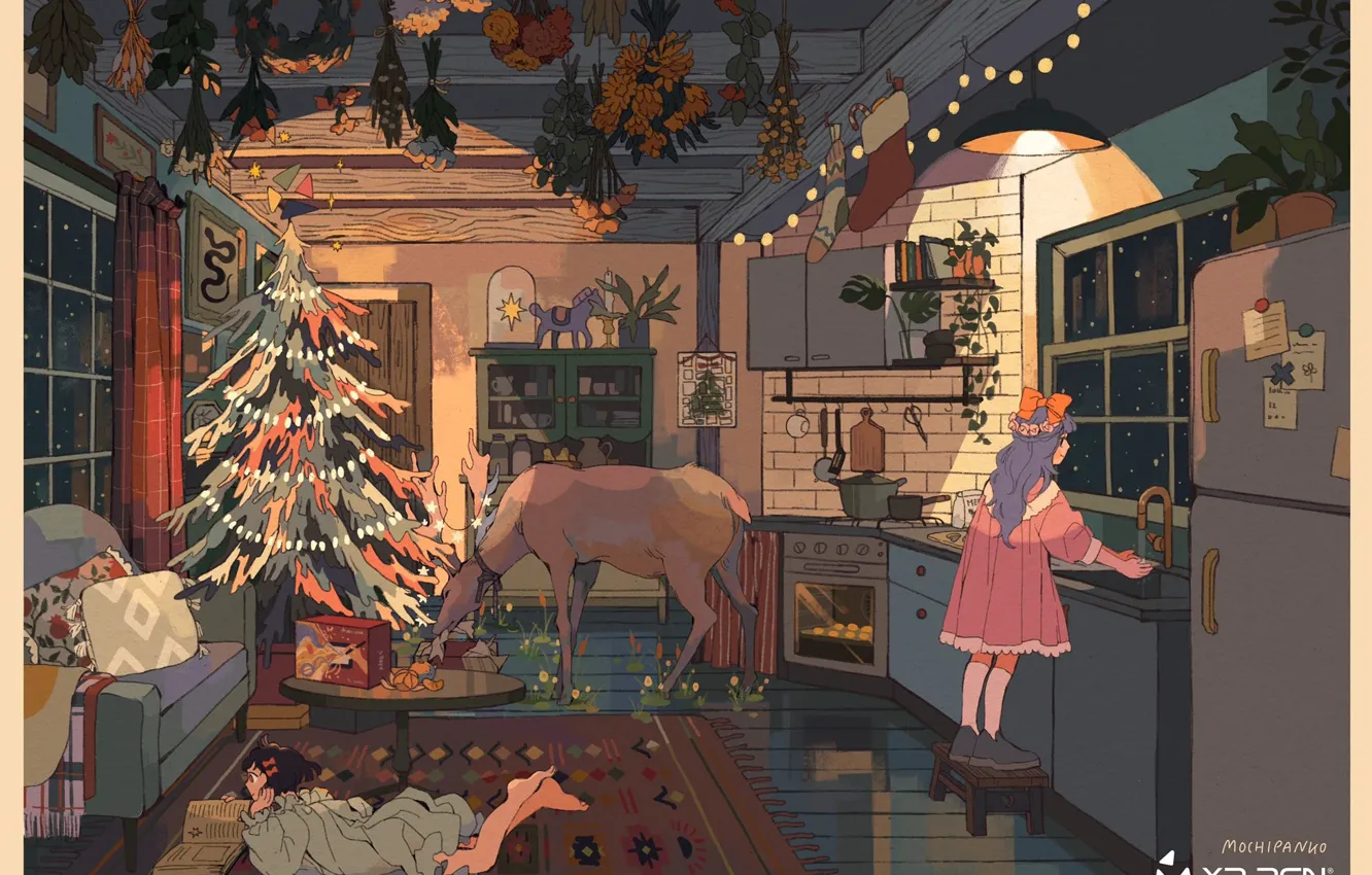 Photo wallpaper plant, deer, refrigerator, kitchen, lying on the floor, wooden house, two girls, elegant tree