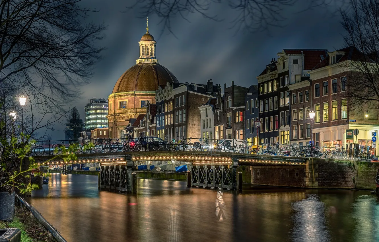 Photo wallpaper bridge, the city, river, building, home, the evening, lighting, Amsterdam