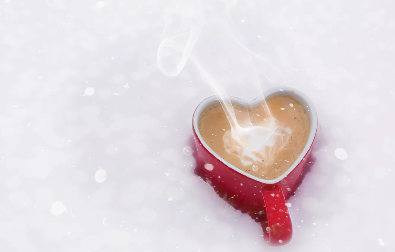 Photo wallpaper winter, snow, heart, coffee, couples, mug, hot, heart