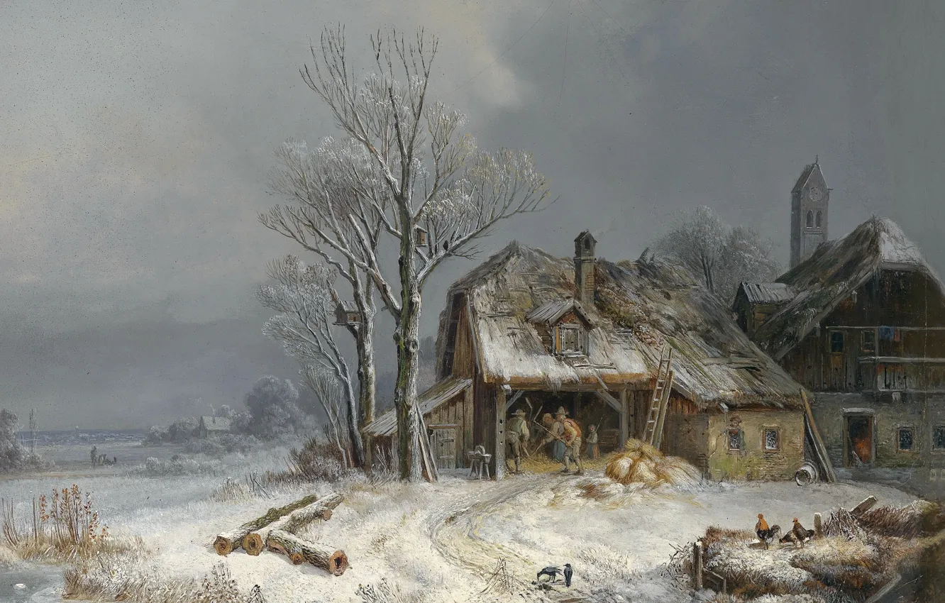 Photo wallpaper 1865, oil on canvas, Henry Burkel, Winter Village, Winter village, Wintry village, Heinrich Bürkel, In …