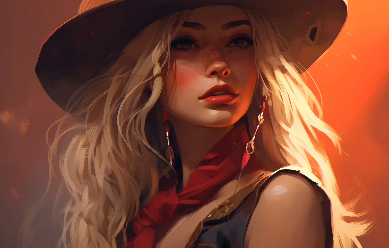 Photo wallpaper look, girl, portrait, hat, cowboy, cowboy, AI art, neural network