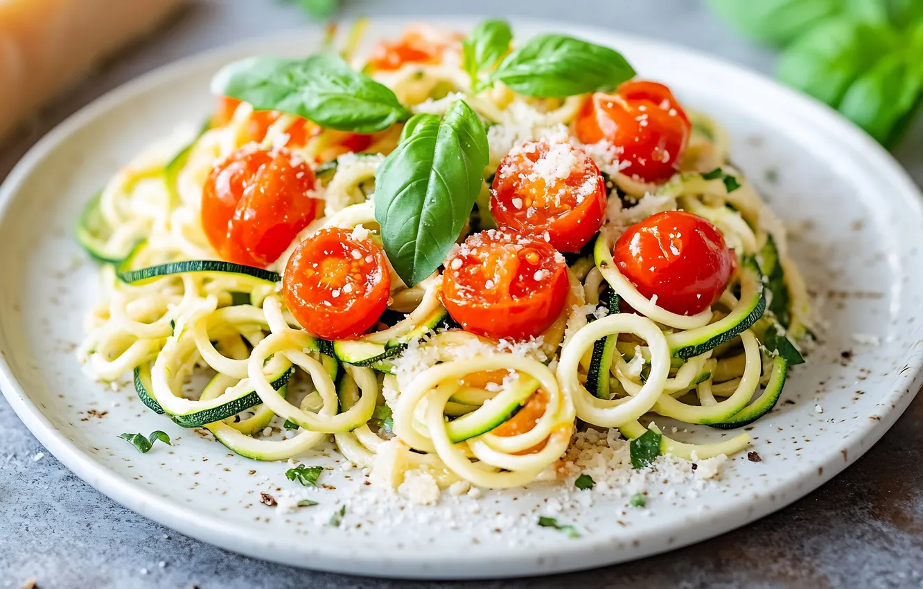 Photo wallpaper ring, cheese, bow, plate, tomatoes, salad, Basil, zucchini