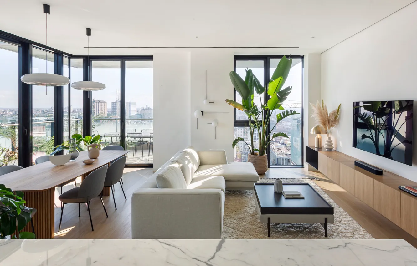 Photo wallpaper interior, dining room, living room, Apartment Solaria, by Nomade Architettura Interior Design