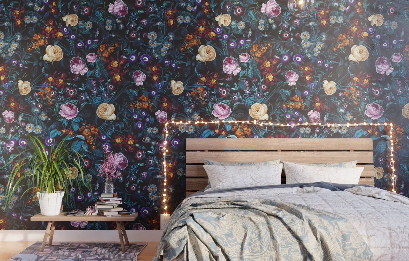 Photo wallpaper design, room, plant, books, bed, interior, pillow, pot