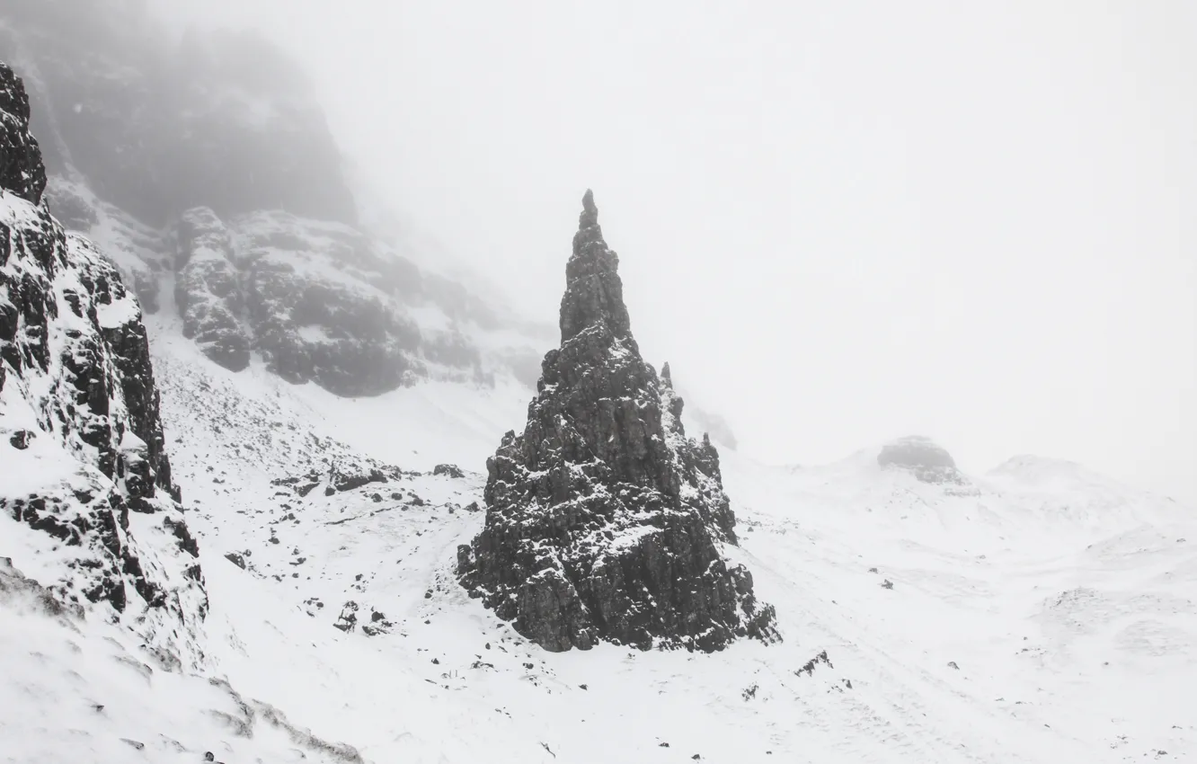 Photo wallpaper rock, winter, mountain, snow, fog, freeze, mist, frost