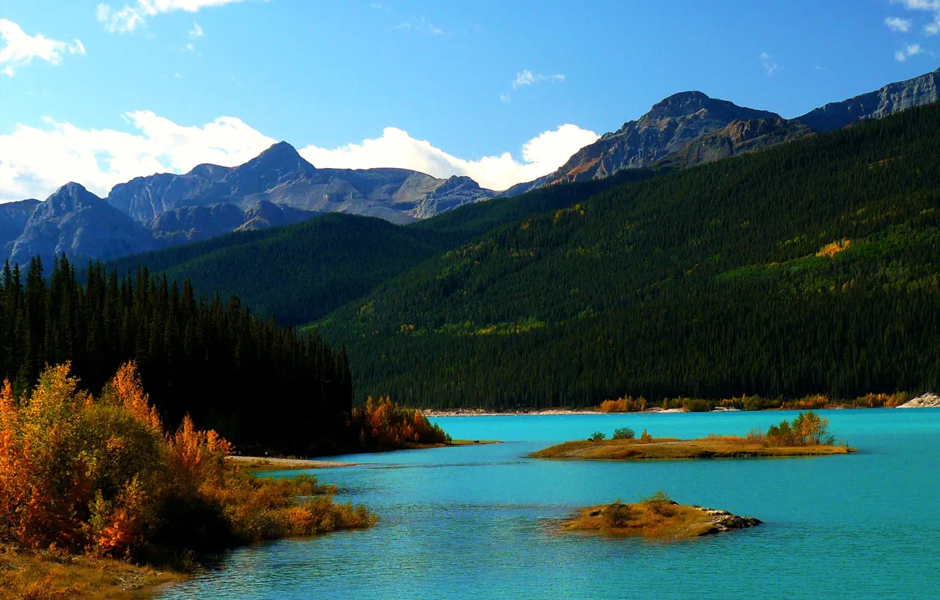 Photo wallpaper autumn, the sky, trees, mountains, lake