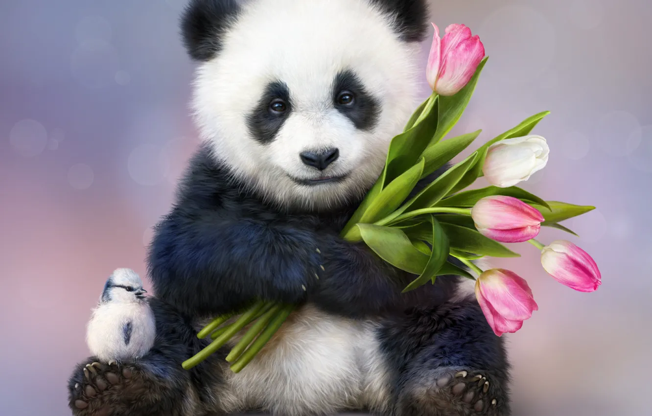 Photo wallpaper flowers, background, mood, bird, Panda, tulips, bird