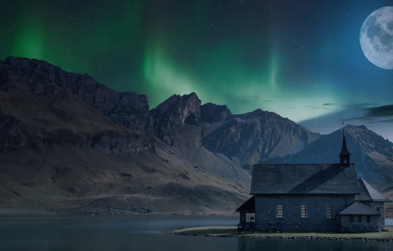 Photo wallpaper the sky, stars, landscape, mountains, night, nature, house, darkness