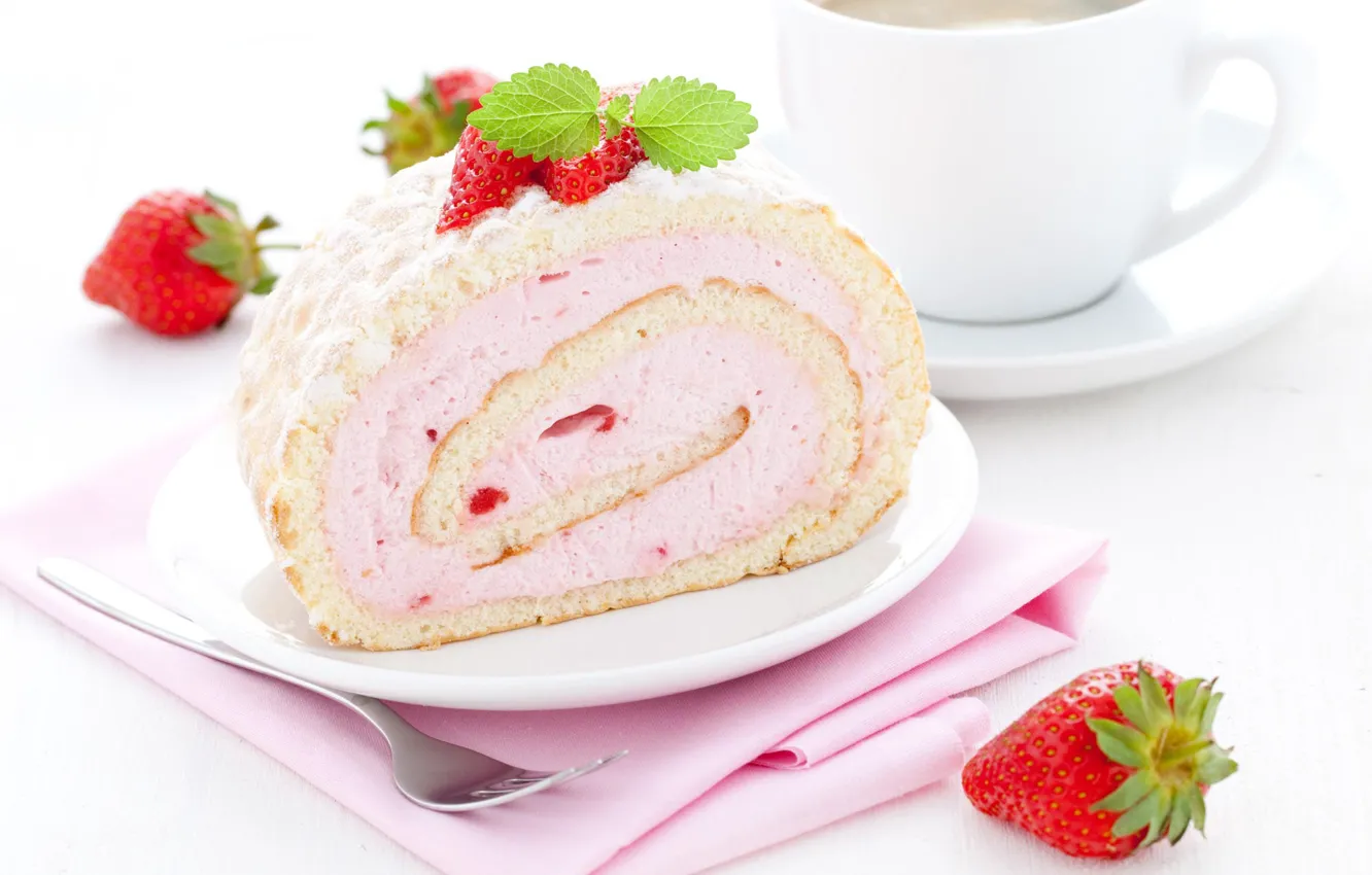 Photo wallpaper strawberry, cream, dessert, roll