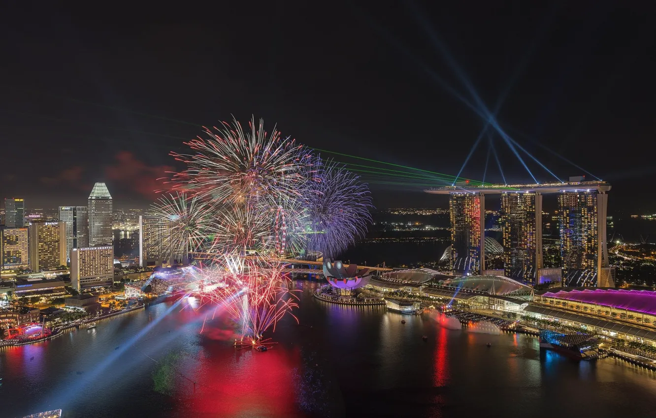 Photo wallpaper night, the city, lights, Bay, salute, panorama, Singapore