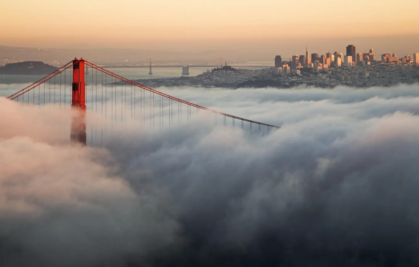 Photo wallpaper clouds, bridge, the city, fog, USA, Golden Gate Bridge, San Francisco