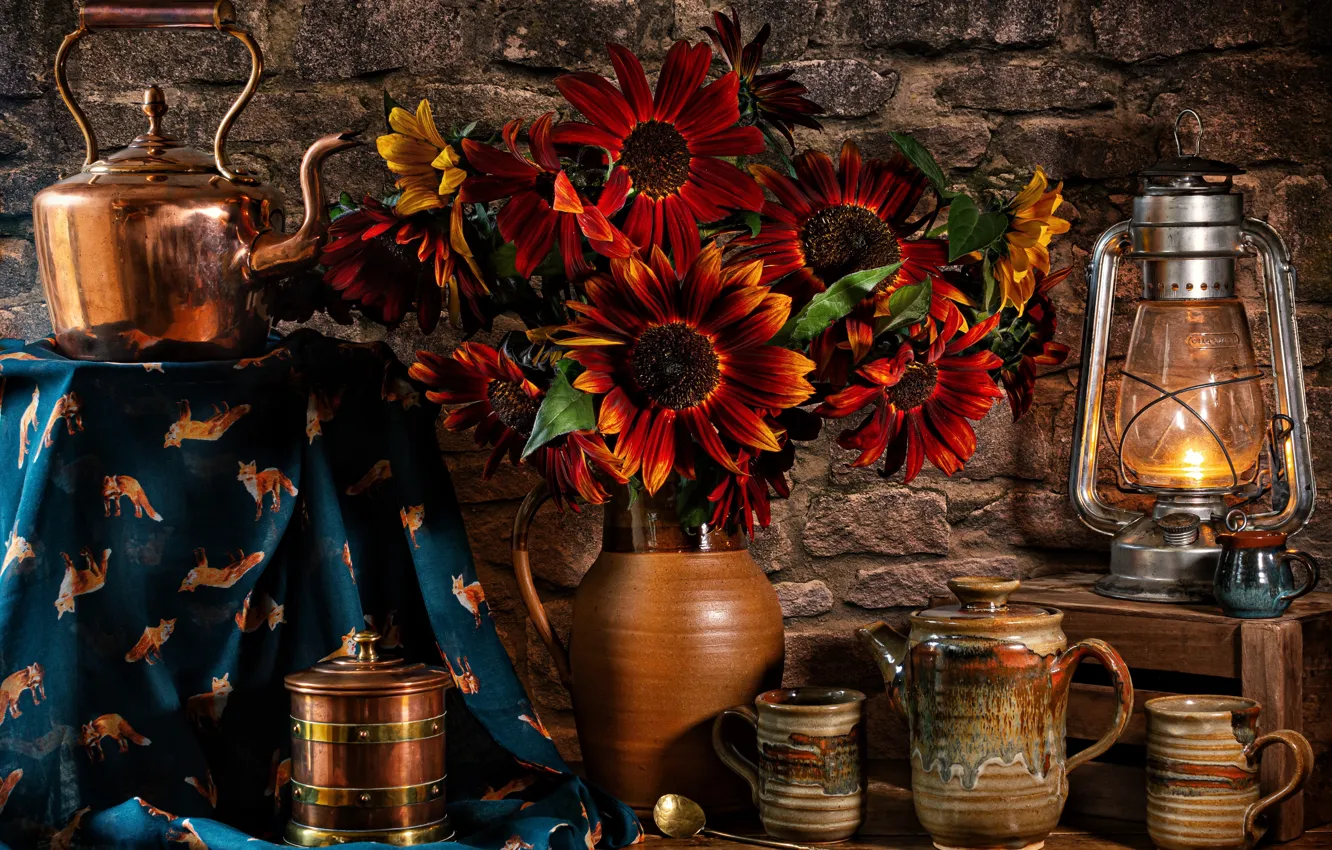 Photo wallpaper sunflowers, flowers, style, kettle, lantern, mugs, pitcher, still life