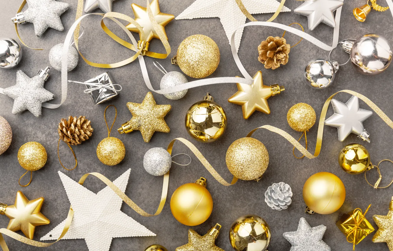 Photo wallpaper decoration, gold, balls, new year, Christmas, golden, Christmas, balls