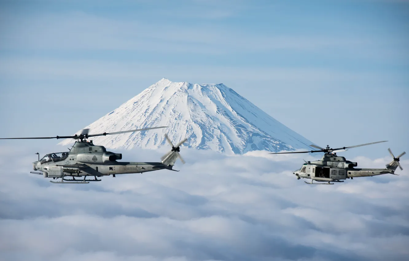 Photo wallpaper Helicopter, Fuji, UH-1Y Venom, US Marine Corps, AH-1Z Viper