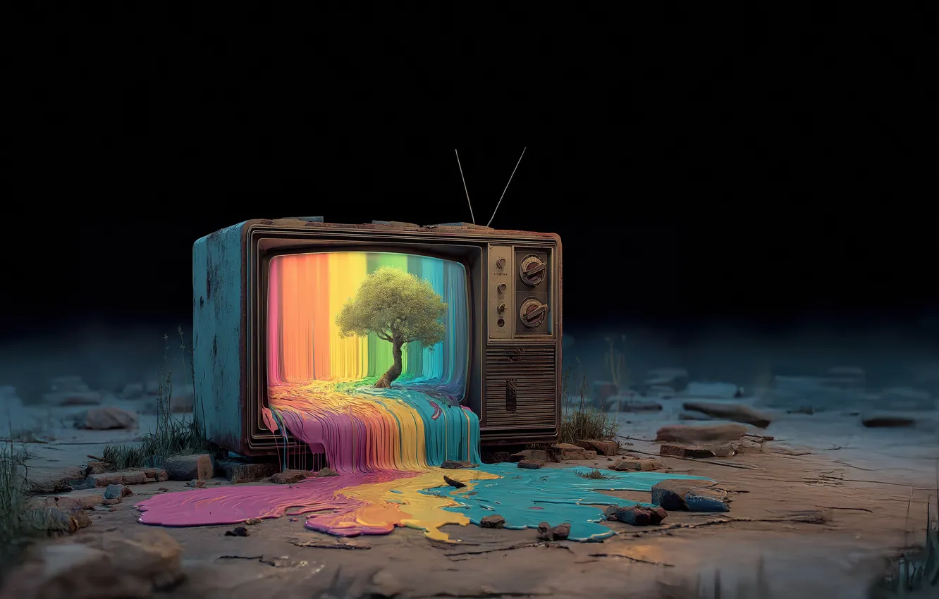 Photo wallpaper trees, paint, rainbow, colorful, TV, colorful, screen, paint