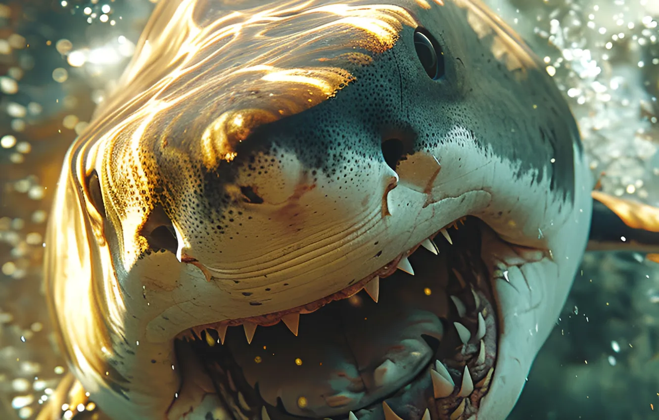 Photo wallpaper face, predator, shark, teeth, mouth, underwater world, digital art, AI art