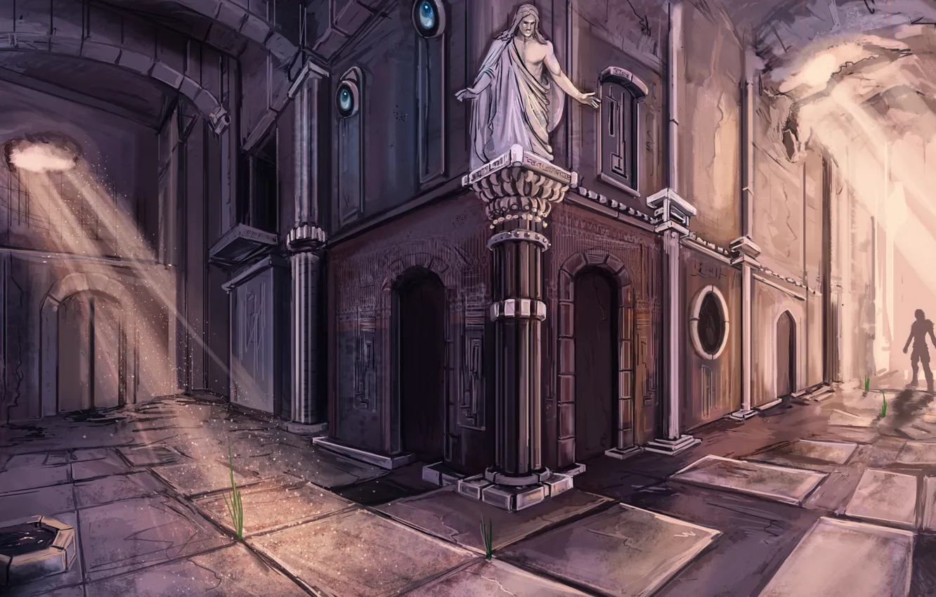 Photo wallpaper street, shadow, art, arch, statue, guy, rays of light