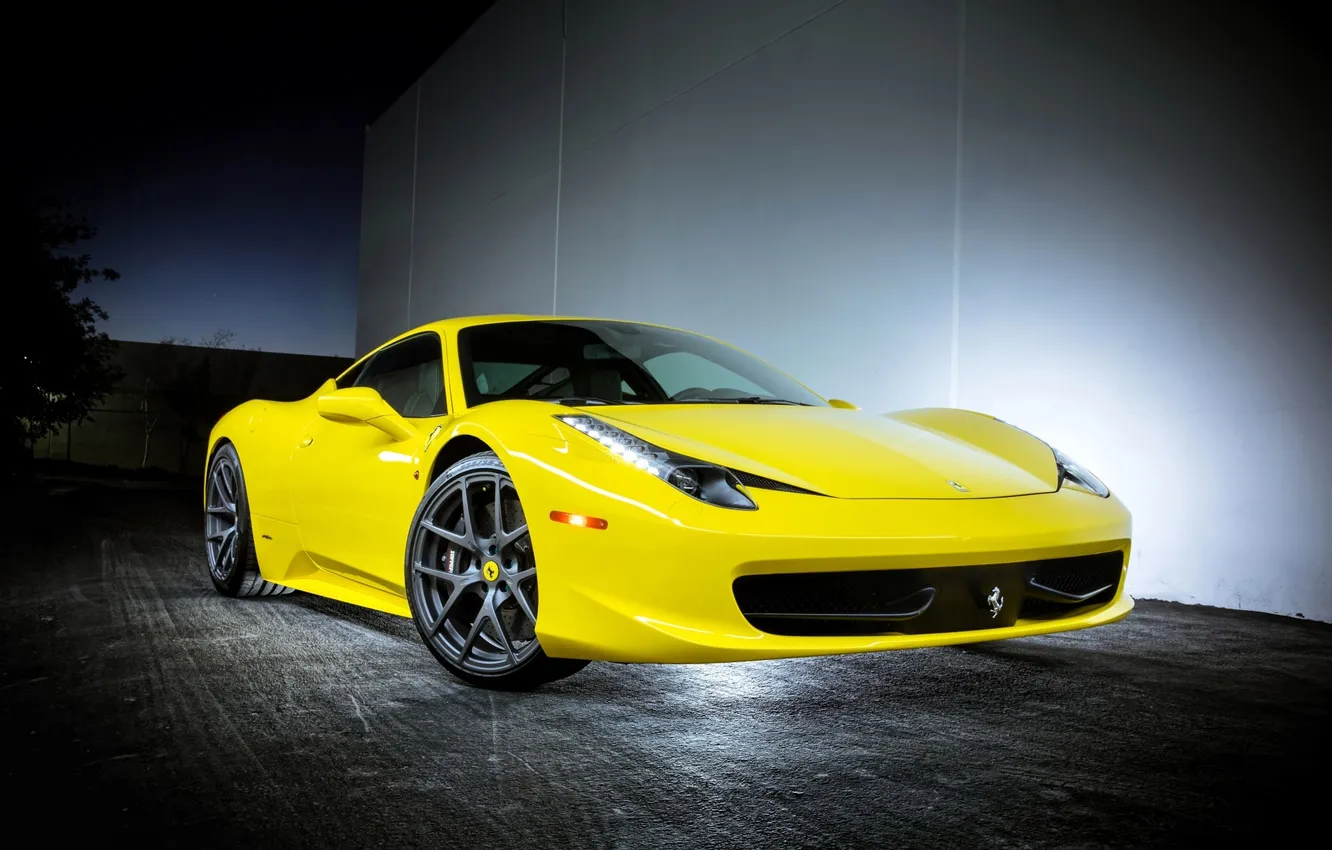 Photo wallpaper yellow, Italy, Ferrari, Ferrari, yellow, the front, 458 italia, headlights