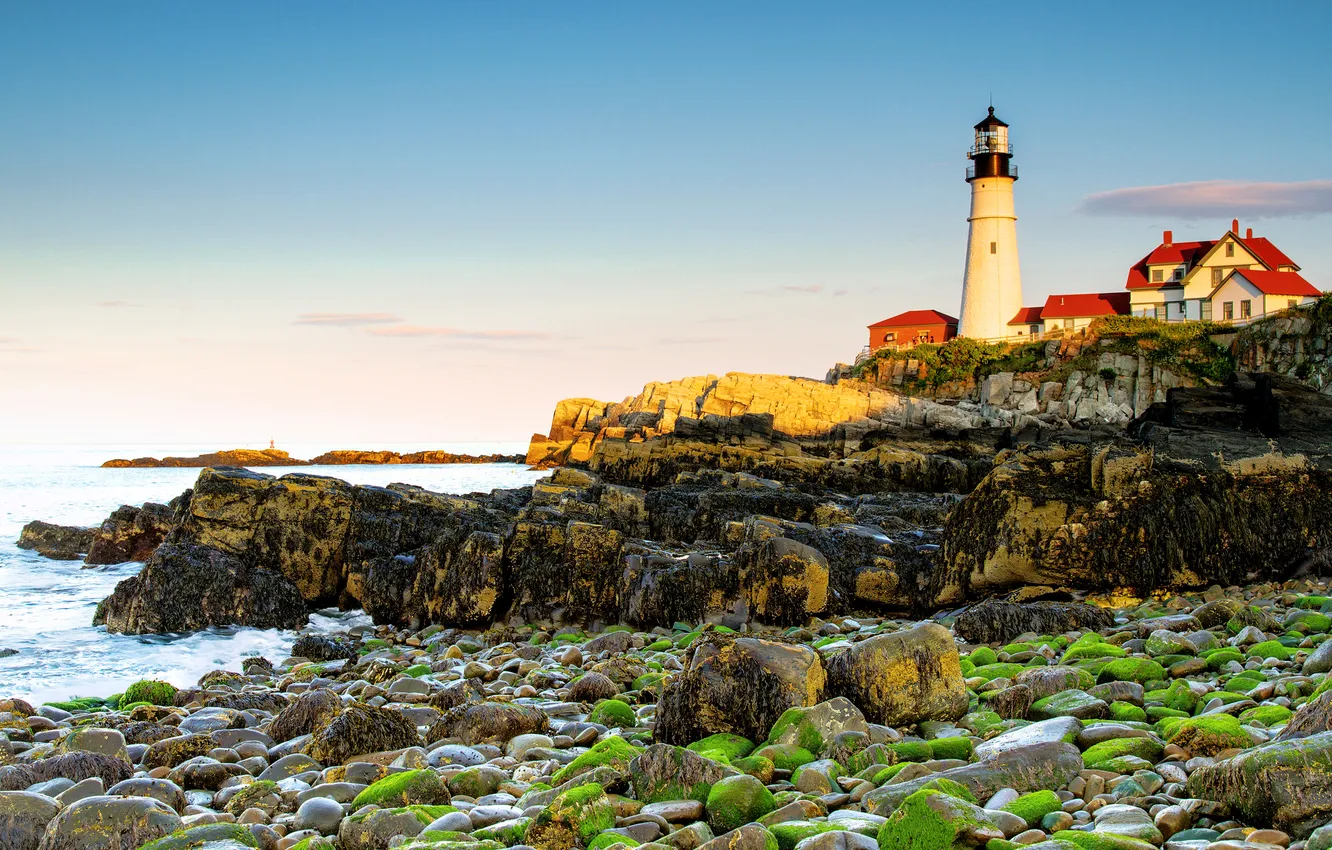 Photo wallpaper sea, stones, rocks, lighthouse, home, Cape