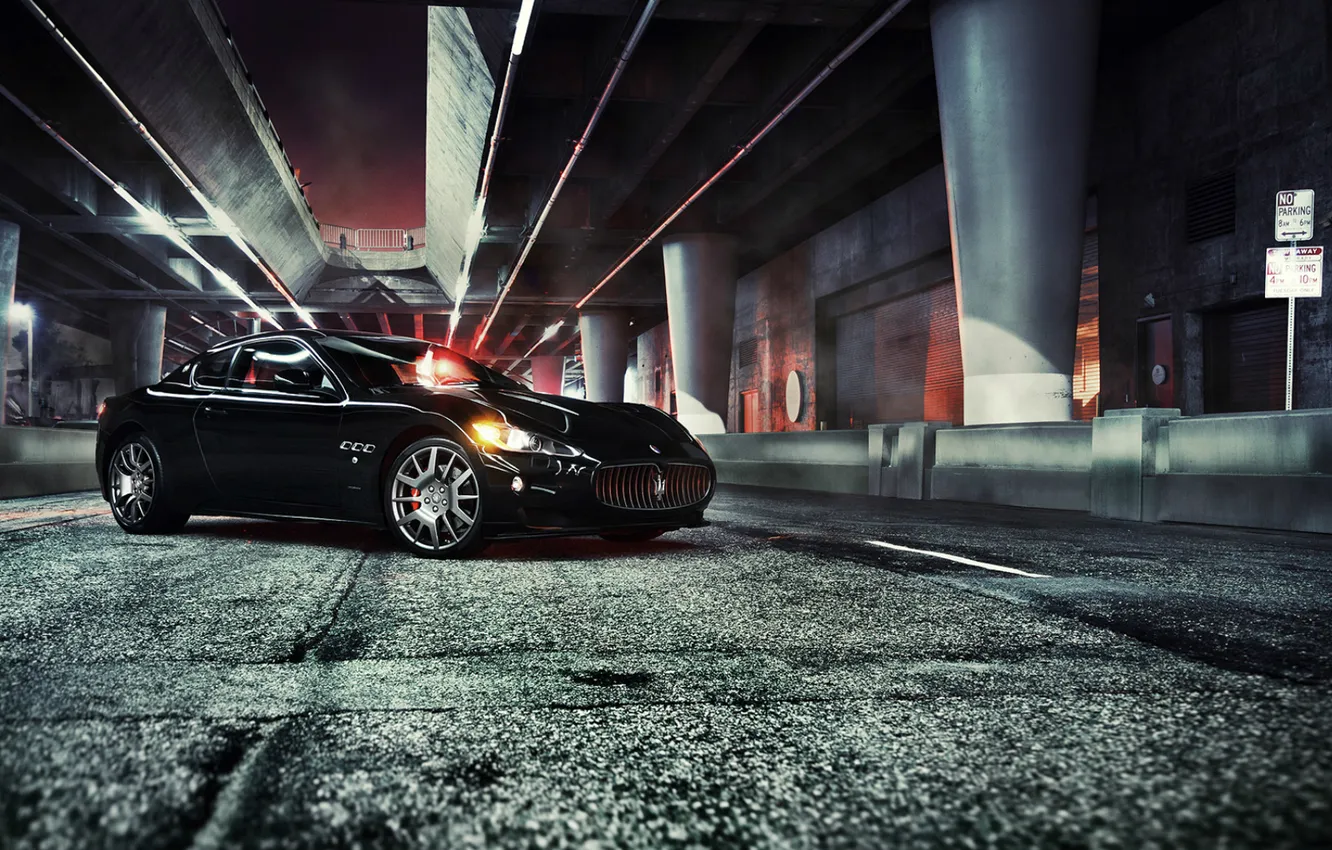 Photo wallpaper asphalt, night, the city, black, Maserati, car, GranTurismo, Maserati