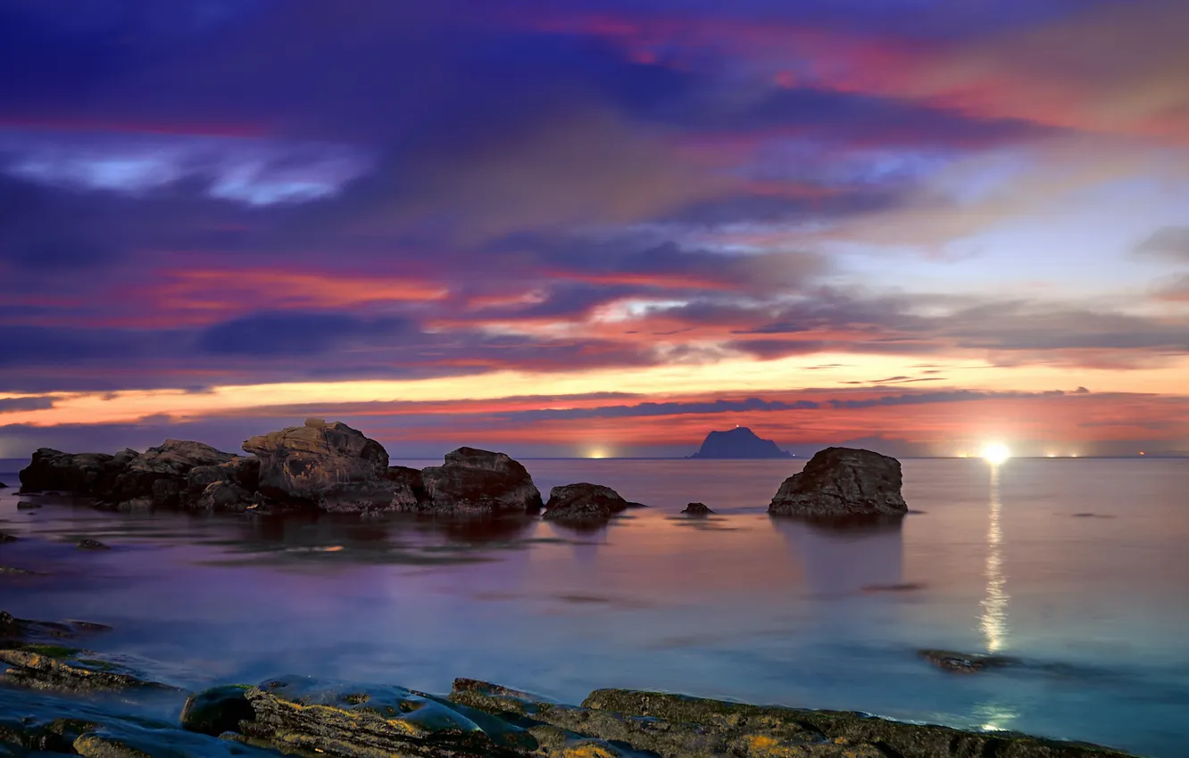 Photo wallpaper sea, sunset, lights, stones, Bay